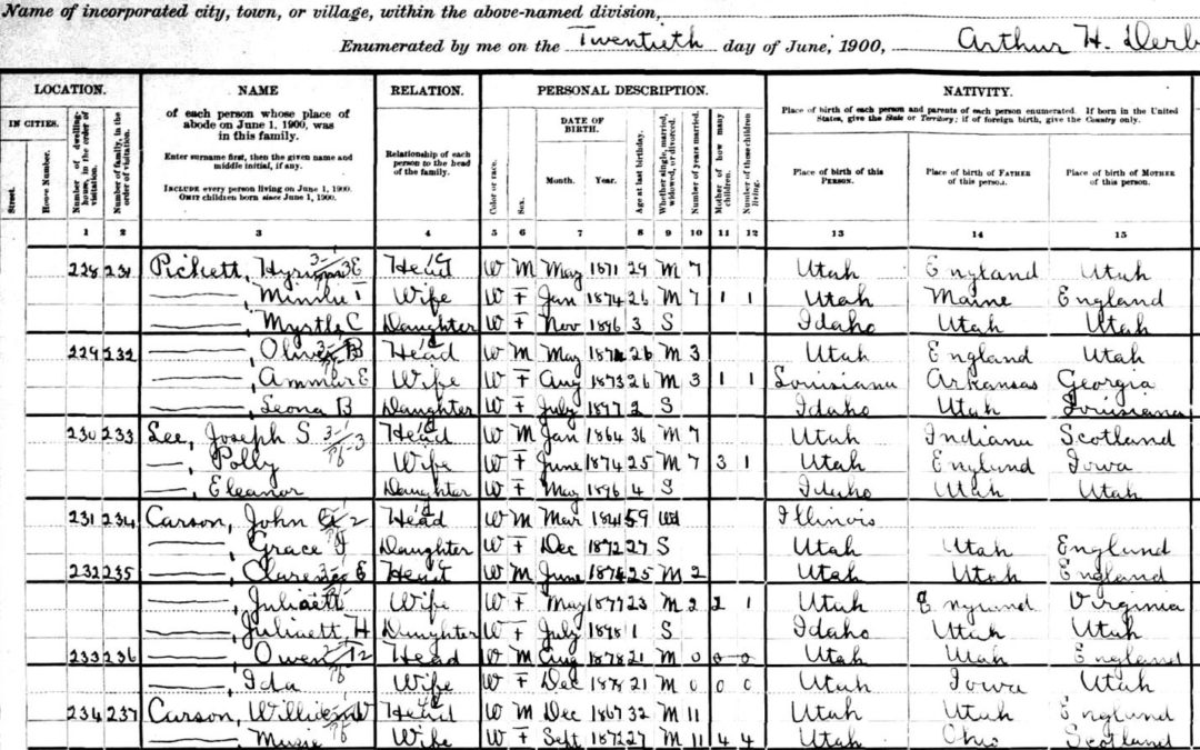 1900 U.S. Census Record-Minnie Elizabeth Tolman and Hyrum Pickett