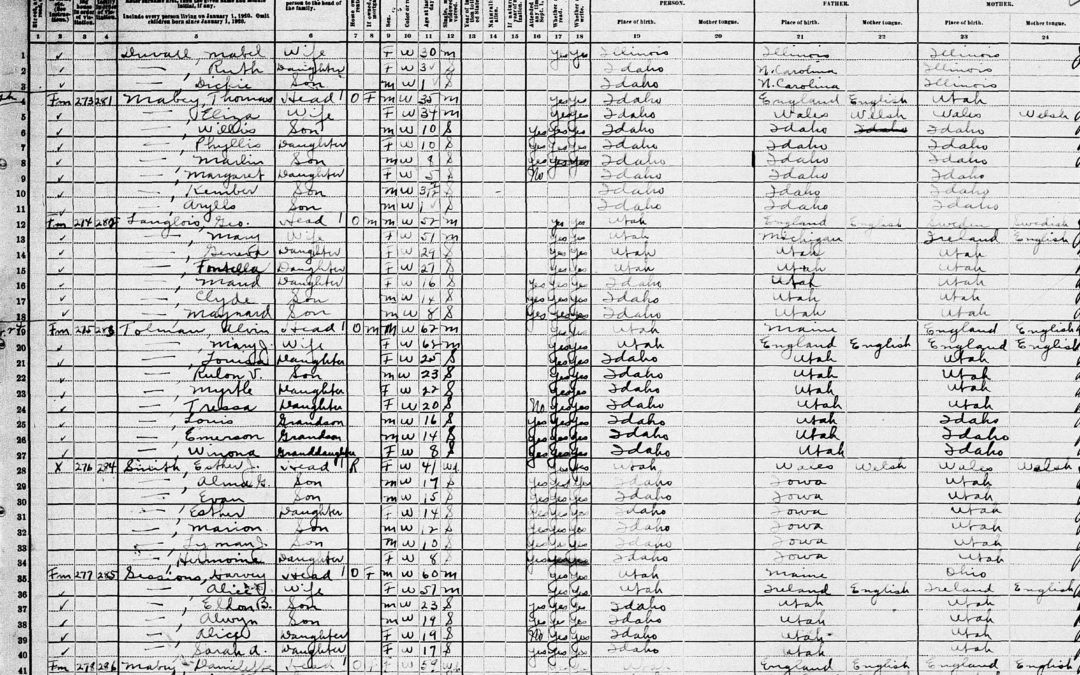 1920 U.S. Census record for Joshua Alvin Tolman, Mary Jane Gorringe, and Family