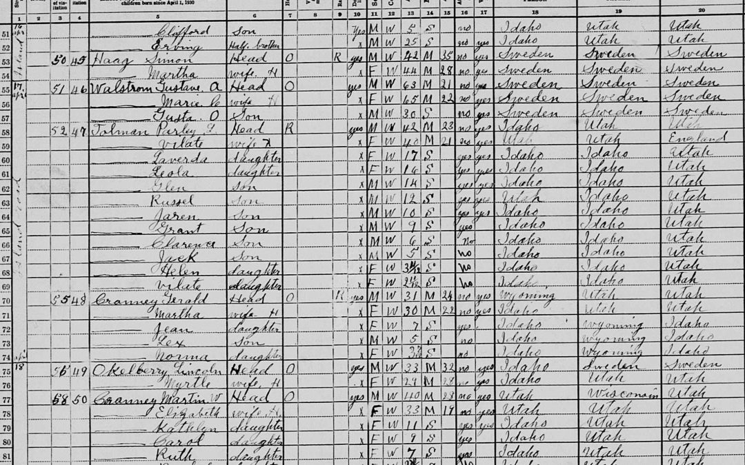 1930 U.S Census Record-Parley Lambert and Lydia Vilate Tolman and Wilber T. Cranney and Louisa Tolman