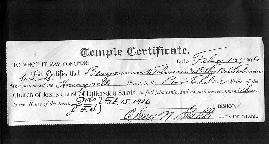 Benjamin Hewitt Tolman II and Eliza Belle Grant-Temple Certificate