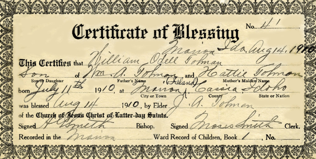 William Odell Tolman Certificate of Blessing