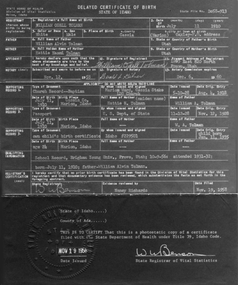 William Odell Tolman's Birth Certificate