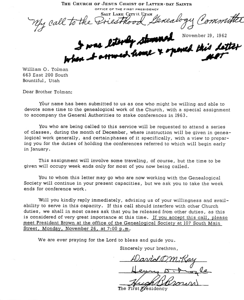 Call to LDS Church Genealogy Committee-1962