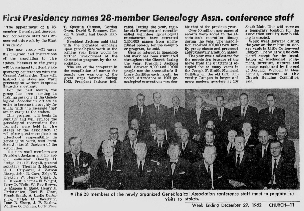 First Presidency Names 28-member Genealogy Association Conference Staff-Church News 29 Dec 1962