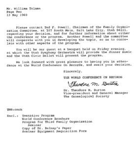 Invitation to Speak at the 1969 World Conference on Records Page 2