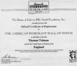 Tolman, Thomas Ellis Island Certificate