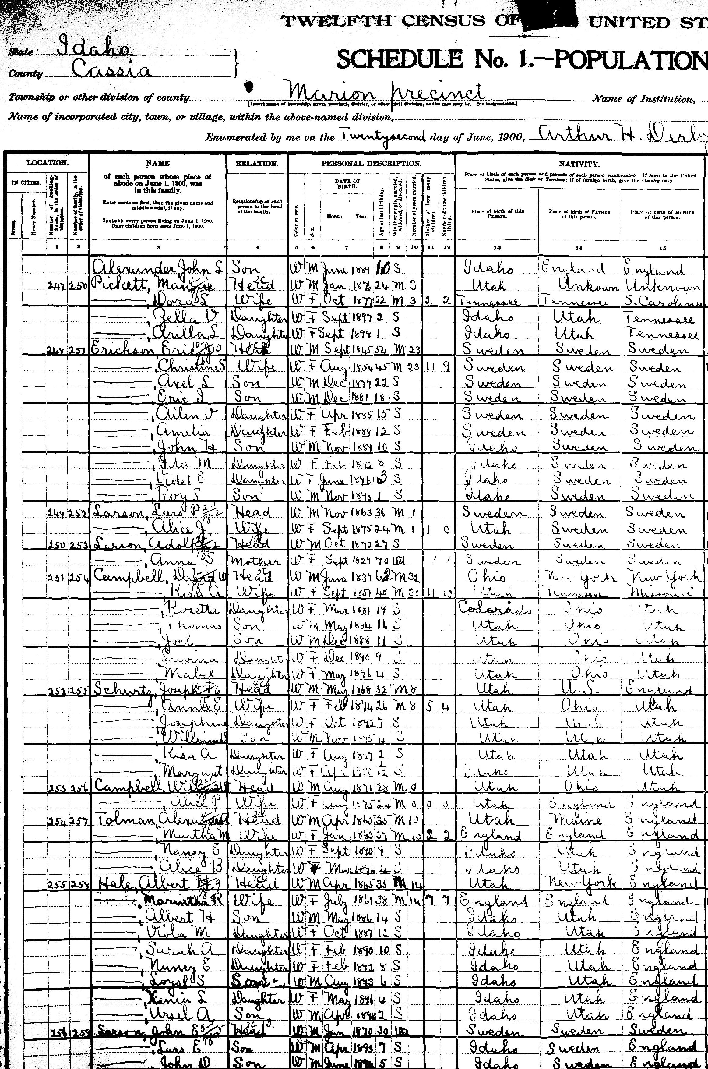 1900 U.S. Census Record-Aaron Alexander Tolman and Martha Mary Barrett