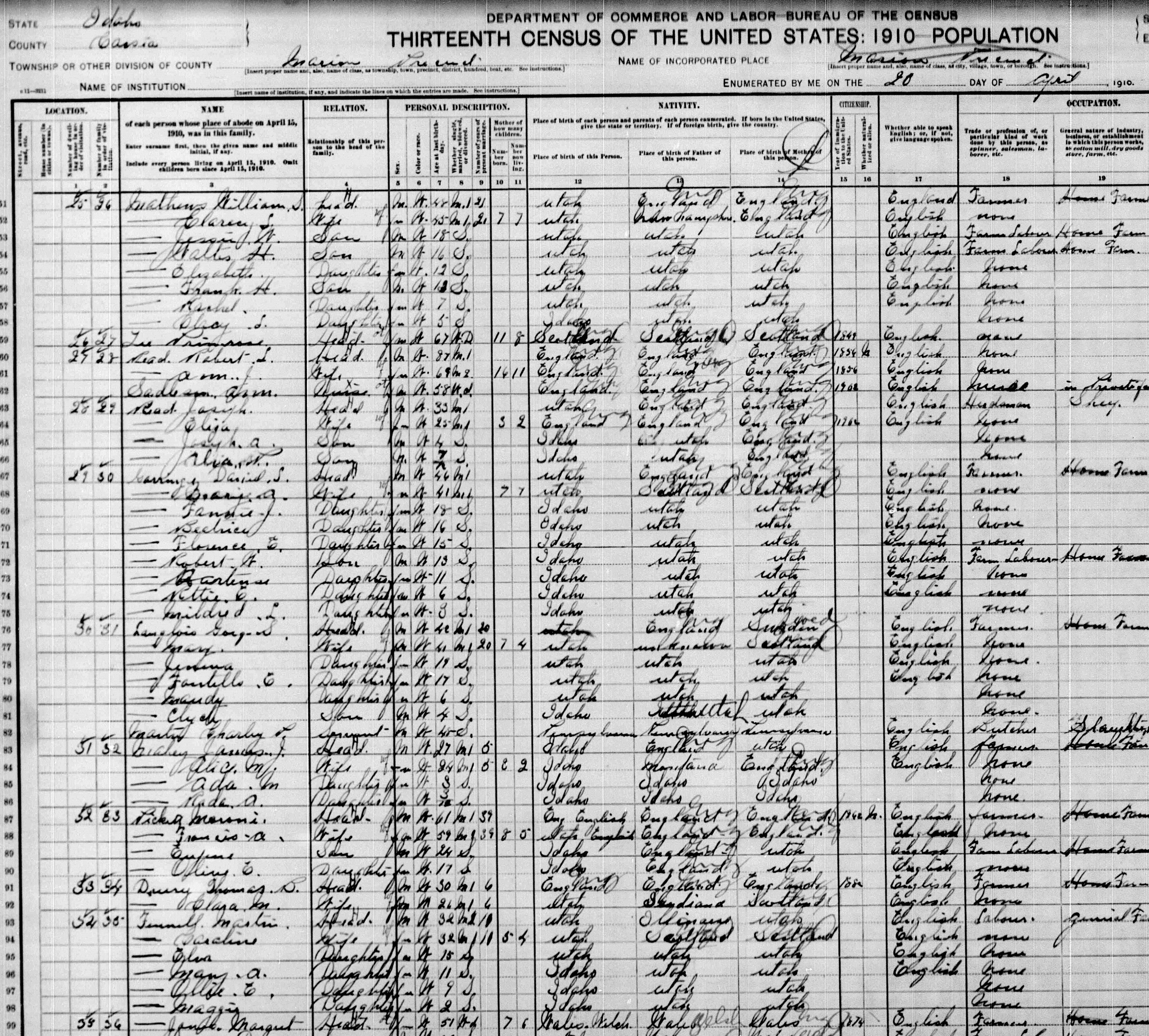 1910 U.S. Census Record-Daniel Lambert Gorringe and Mary Ann Shields