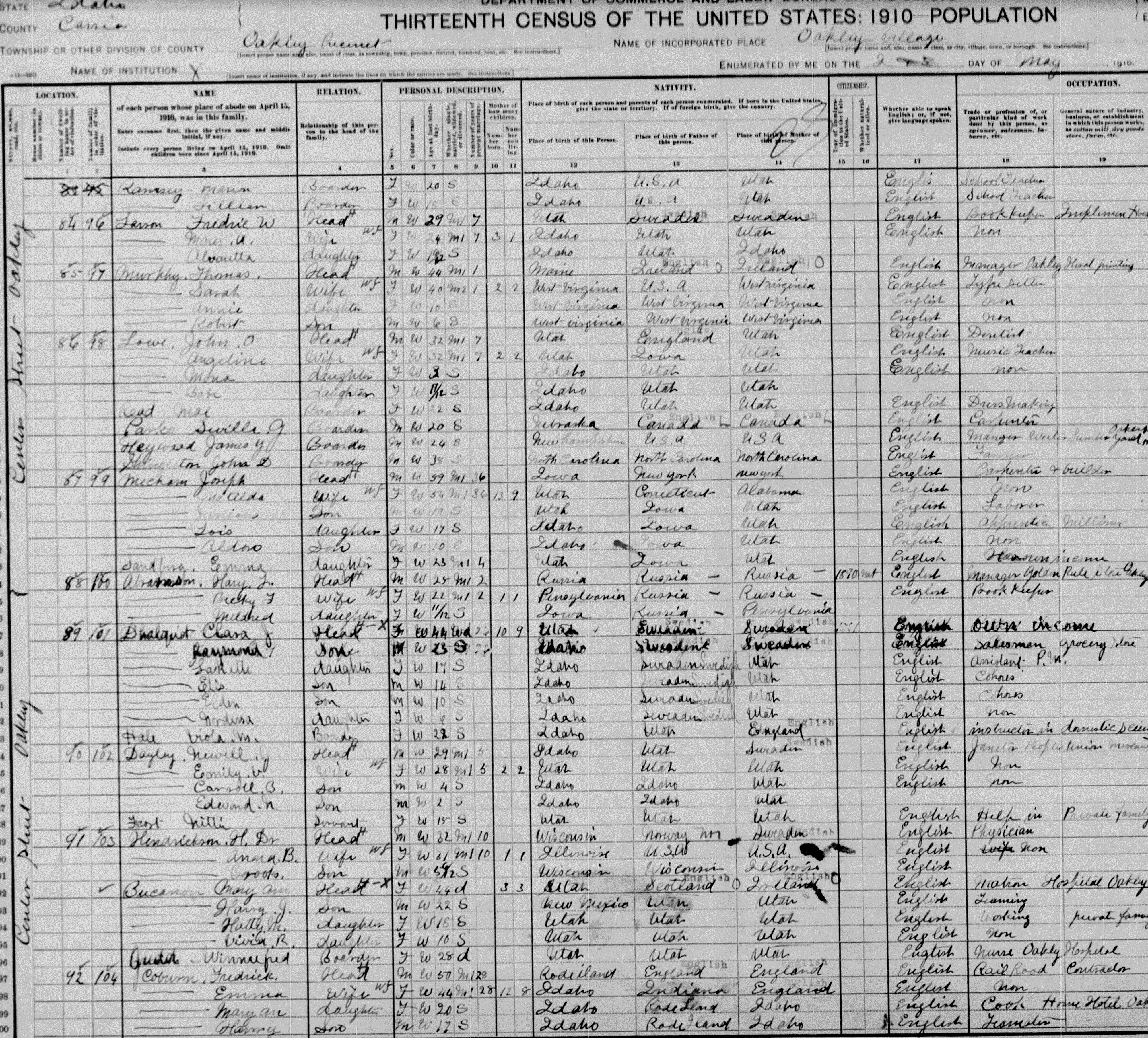 1910 U.S. Census Record-Frederick William Larson and Mary Alice Tolman