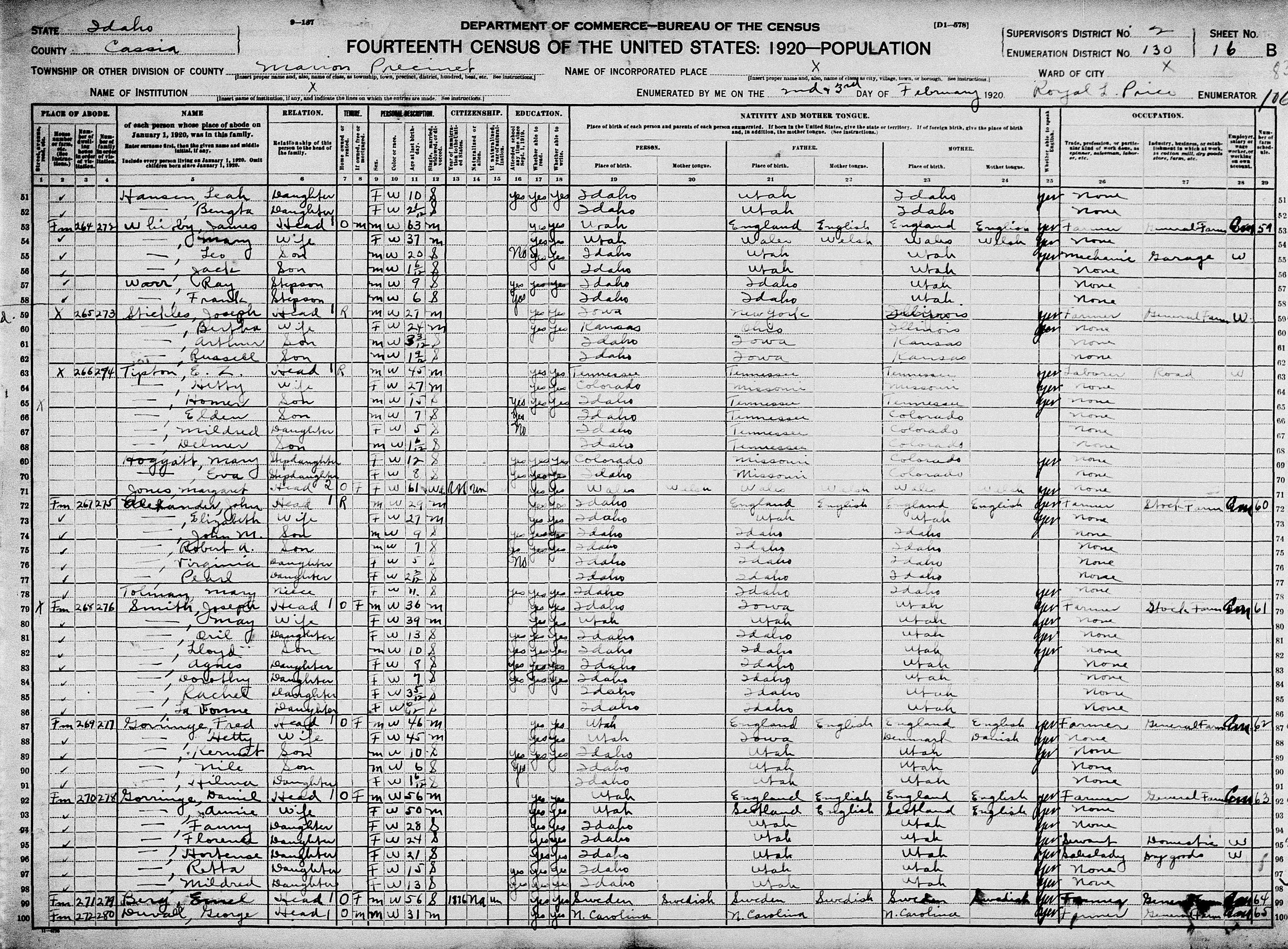 1920 U.S. Census Record-Daniel Lambert Gorringe and Mary Ann Shields