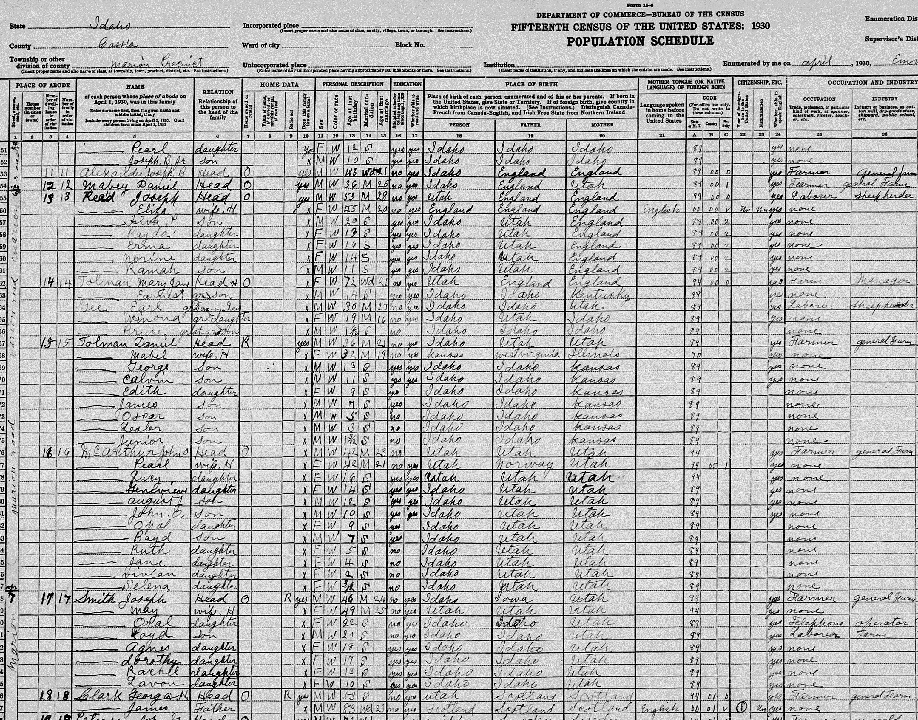 1930 U.S. Census record for Joshua Alvin Tolman, Mary Jane Gorringe, and Family