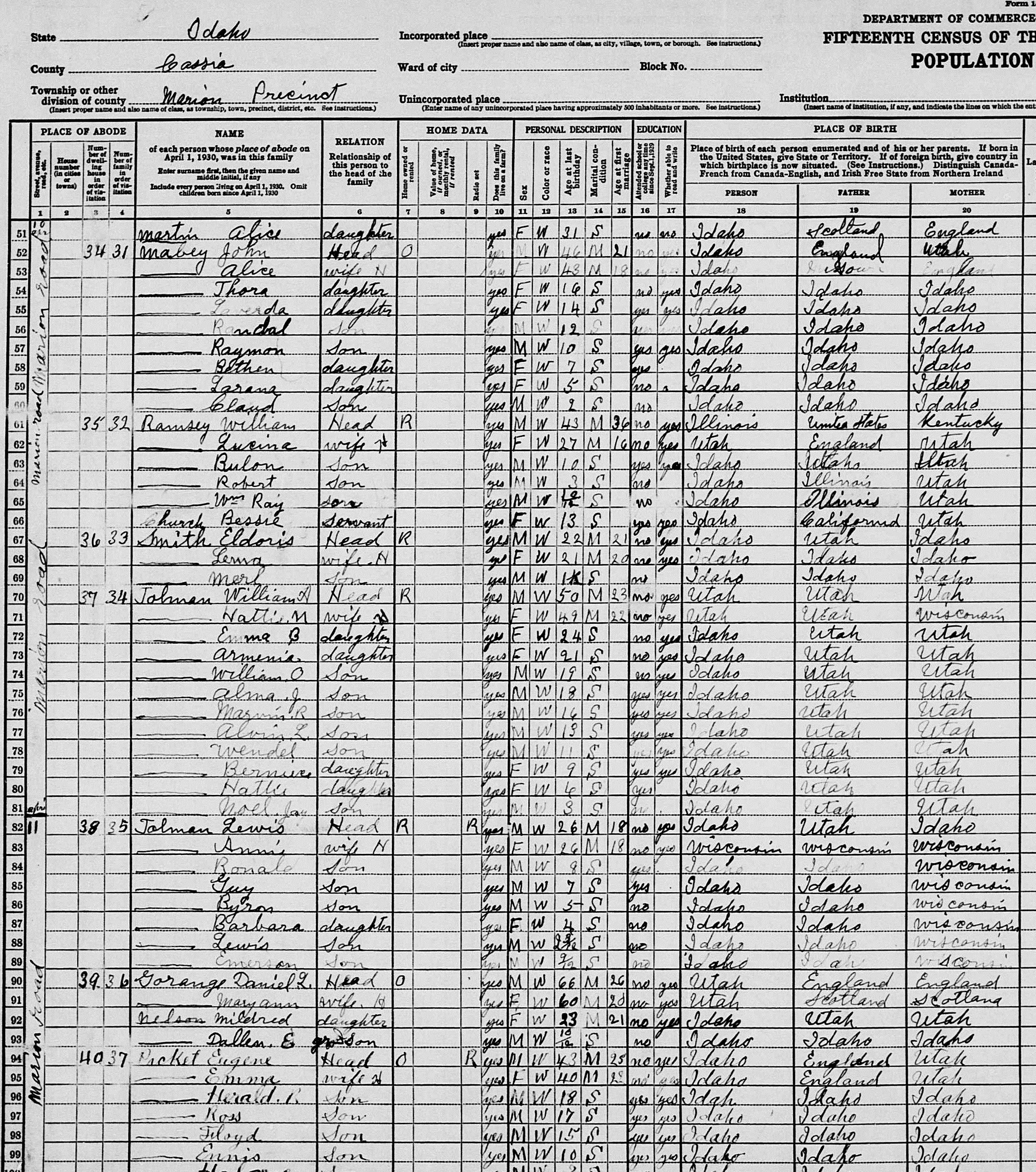 1930 Census Record-William Alvin and Hattie Naomi Tolman
