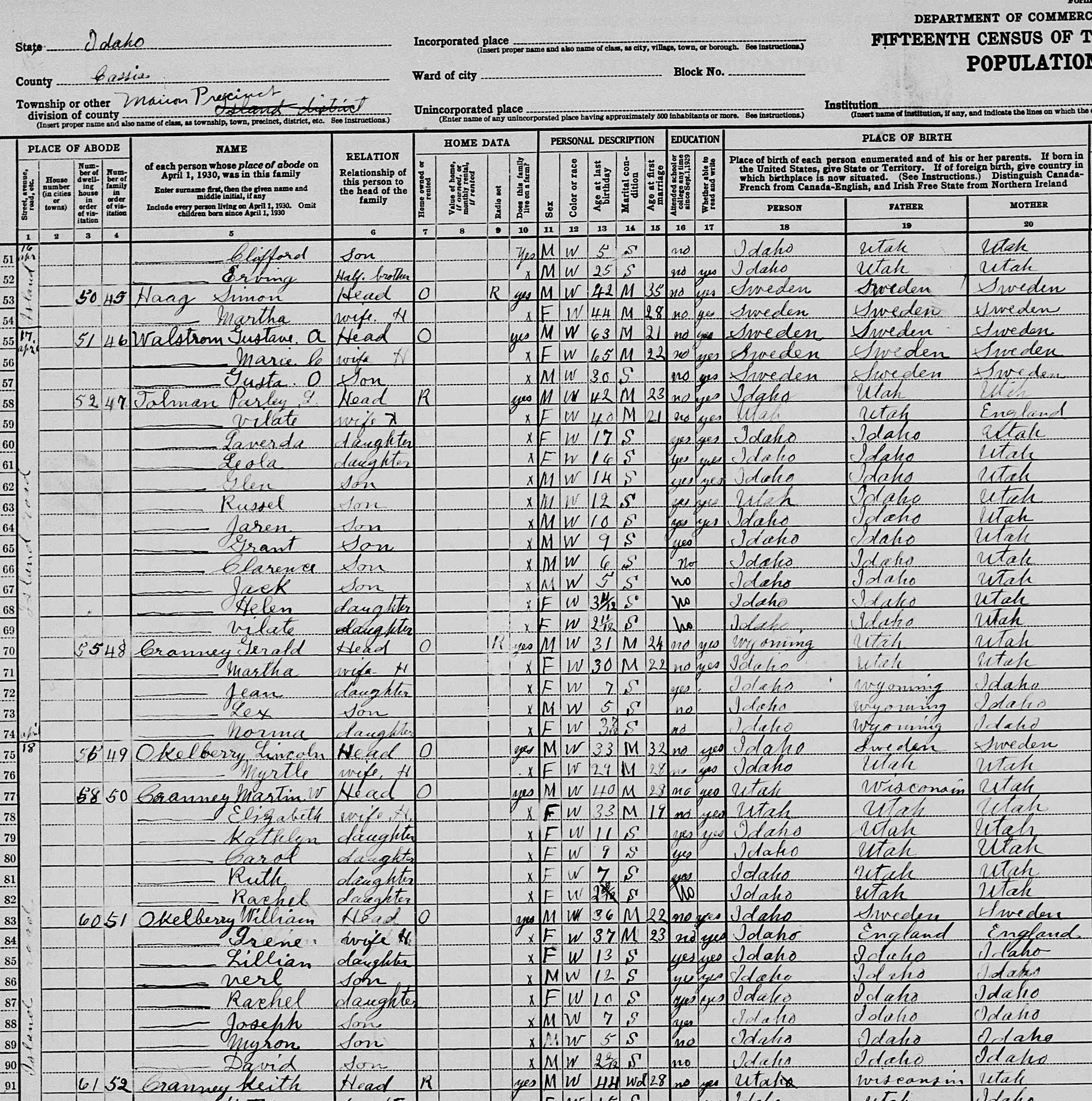 1930 U.S Census Record-Parley Lambert and Lydia Vilate Tolman and Wilber T. Cranney and Louisa Tolman
